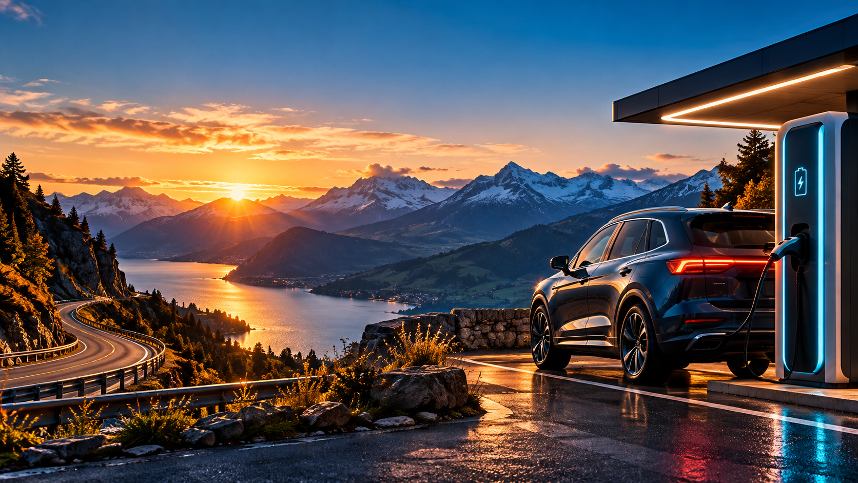 Voiture électrique dans un paysage alpin
