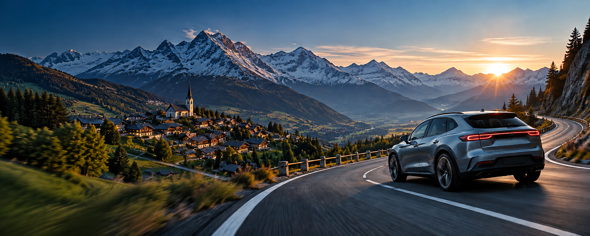 Panorama alpin suisse avec véhicule électrique