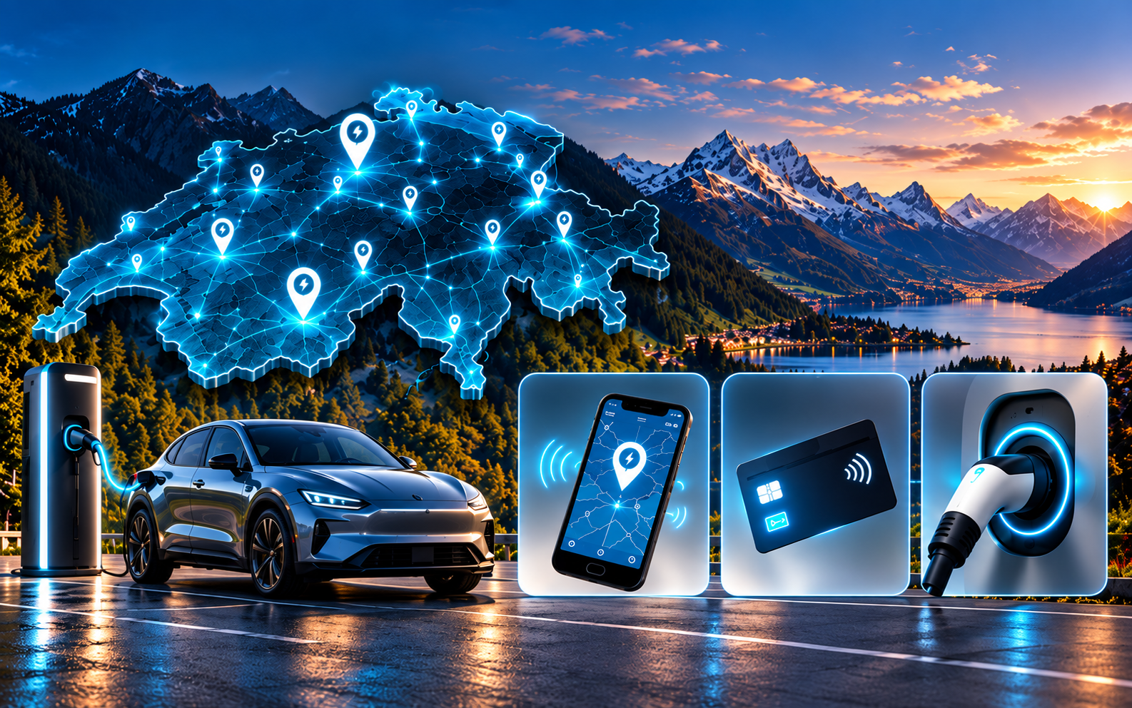Recharge publique d'une voiture électrique en Suisse