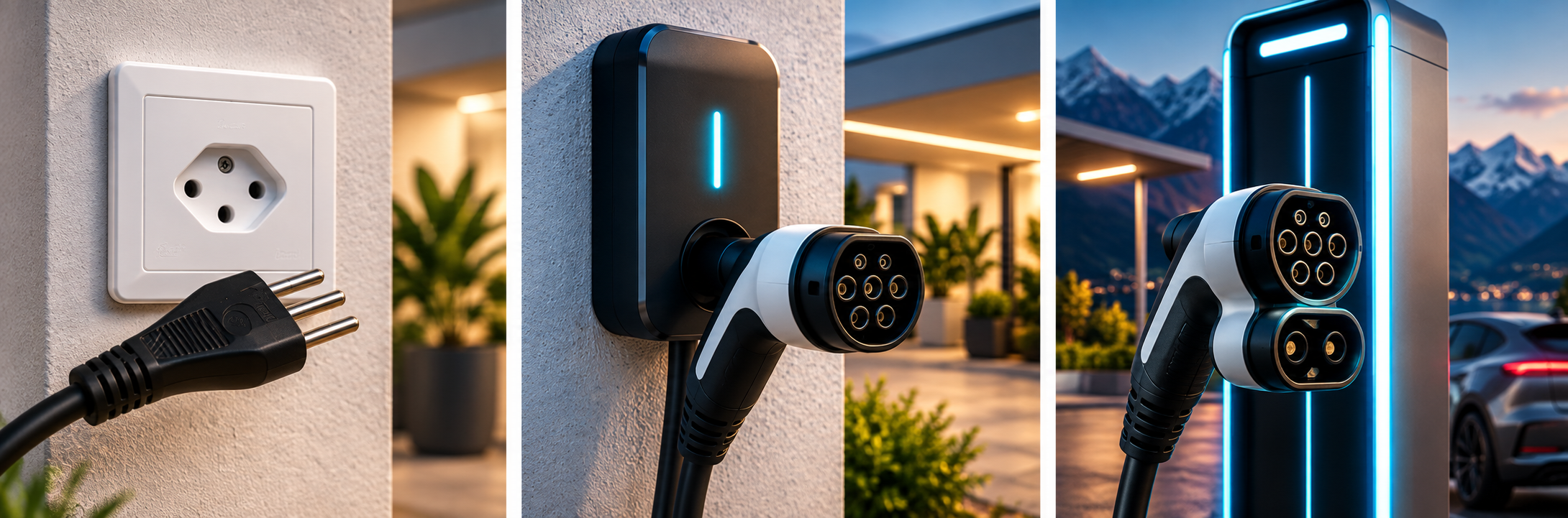 Prise domestique suisse Type 13, recharge AC Type 2 et recharge rapide DC CCS
